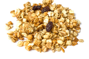 Granola on a white background, selective focus.