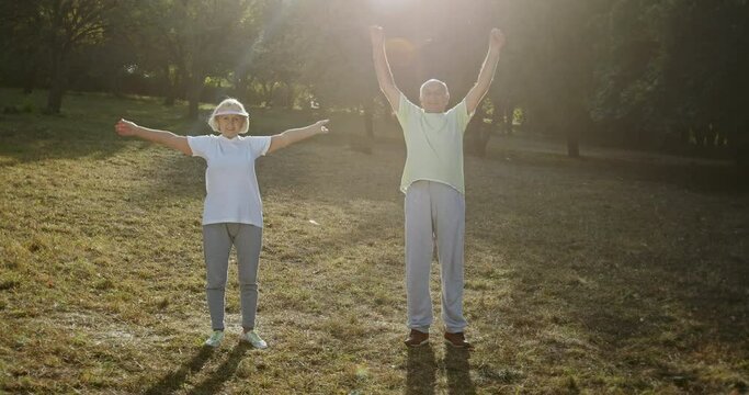 Senior couple exercising in park - elderly man and woman swinging arms together during fitness training on sunny summer day in park