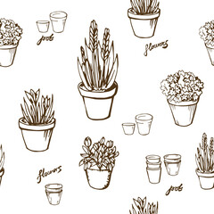 Beautiful line art contour seamless pattern with flowerpots, flower, pot. Black brown elements on white background. Art drawn vector illustration object. Home, garden, interior concept.