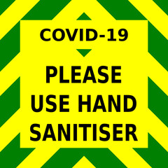 Green and yellow vector graphic, requesting that people use hand sanitizer in order to help stop the spread of the covid-19 virus