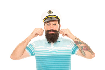 Every hipster needs beard. Hipster twirl mustache isolated on white. Bearded seaman wear hipster beard. Brutal hipster style. Barbershop. Sea voyage. Travel destination. Explore dreams
