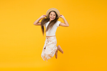 Energetic cheerful active child enjoy vacation. Summer vacation outfit. Teen girl summer fashion. Beach style for kids. Energy of happiness. Good vibes. Active summer. Travel and vacation wardrobe
