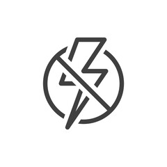 Flash prohibition icon. Line image no flash. Crossed lightning in a circle. Isolated vector on a white background.