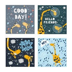 A set of illustrations of cute flying giraffes and written phrases in the space style. For printing on children's clothing, bedding, paper, and packaging. Drawn vector images