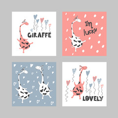 A set of illustrations of cute flying giraffes and written phrases. For printing on children's clothing, bed linen, paper, and packaging. Drawn vector images