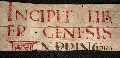 Opening of Genesis from the Old Testament 'Incipit' from a ninth or tenth century manuscript on...