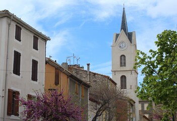 Leucate, a Mediterranean seaside town in Aude department, southern France, featuring spire of Eglise Notre-Dame de l’Assomption