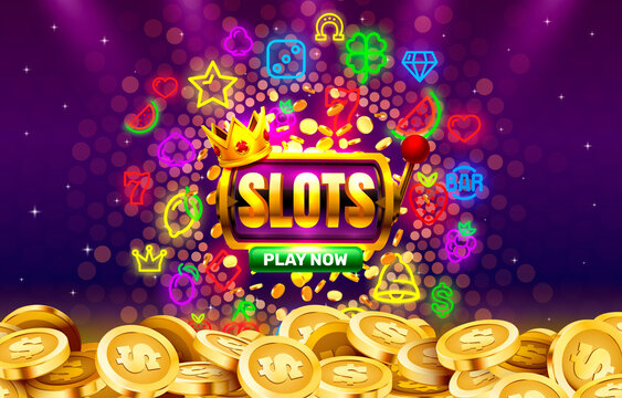 Play now slots neon icons, casino slot sign machine, night Vegas. Vector