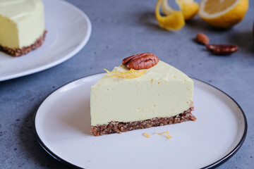 Homemade lemon raw vegan cake - healthy dessert made from coconut milk, butter, cashew, if-if