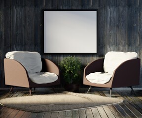 Empty frame for paintings and lettering in an interior with two chairs and a carpet on a wooden floor. Wooden wall. 3D rendering.