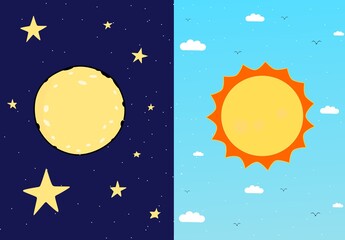 Naklejka premium Set of sun and moon, day and night with sky, cloud, and star background. Day and night illustrations of sun and moon. Illustration of a split-screen showing the sun and the moon. 