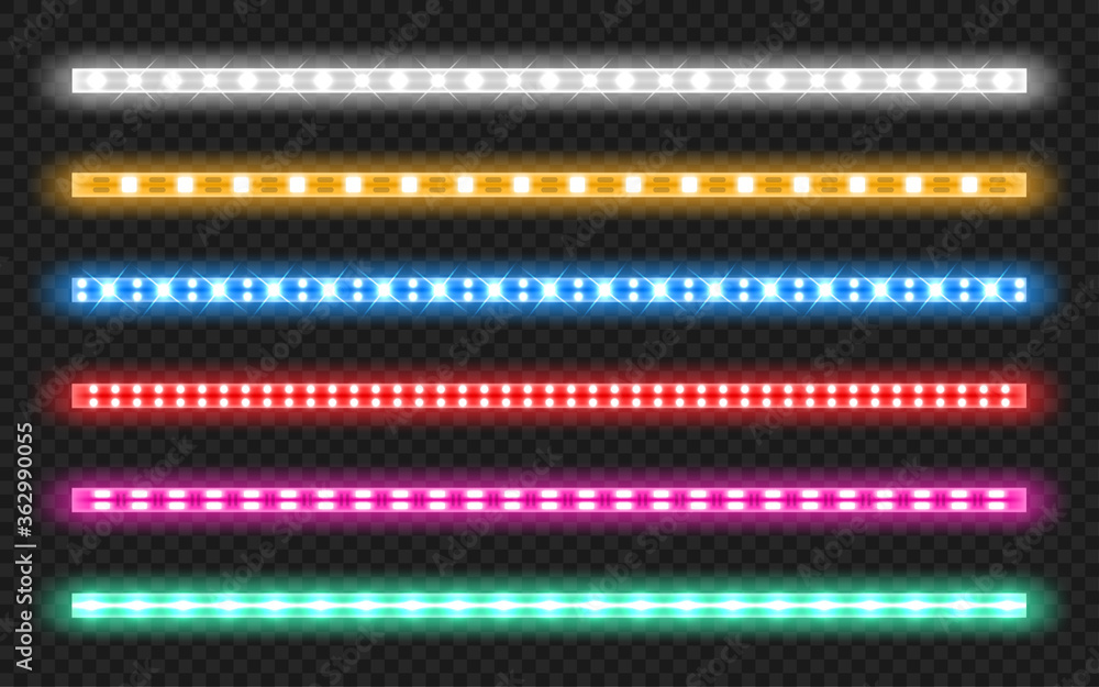 Aufkleber led strips with neon glow effect isolated on transparent background. vector realistic set of colored
