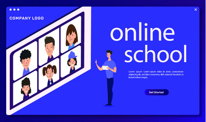 Elementary school teacher conducting a lesson via video chat with his students, EPS 8 vector illustration