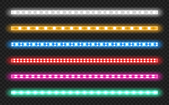 Led strips with neon glow effect isolated on transparent background. Vector realistic set of colored light stripes, glowing tape with red, green, blue and white lamp and diode bulbes