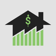 Symbol of growth in real estate business and properties market price exuberant. Design by financial chart of value rising up with home and pricing up sign. Flat Vector illustration icon