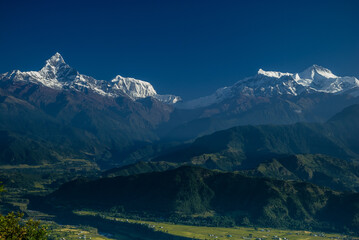 Magnificent Annapurna mountain range as seen from Sarangkot village, Pokhara, Nepal Himalaya, Nepal. 