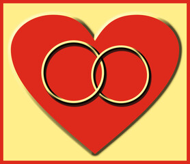 Red heart with gold wedding rings.
