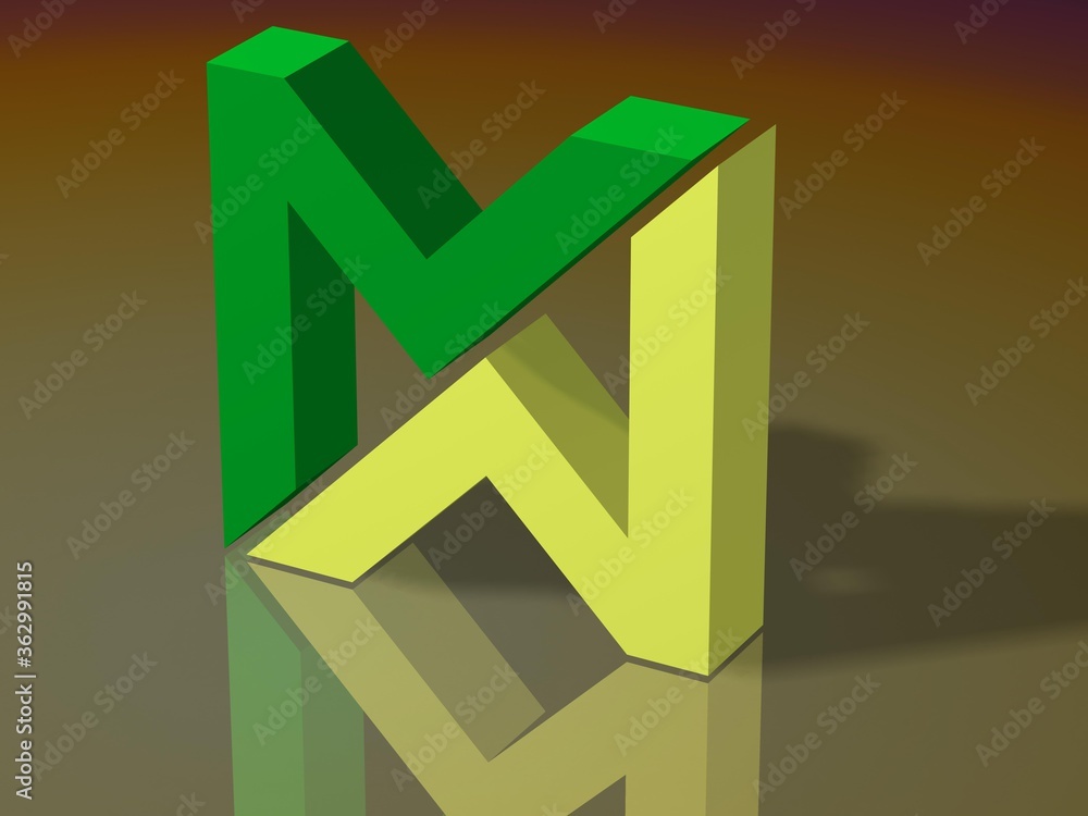 Poster 3d rendering. stylized 3d font with the letter m and m.
