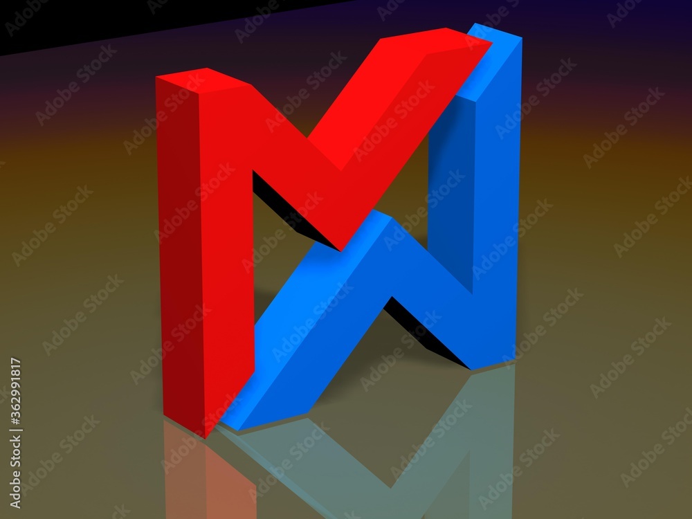 Poster 3d rendering. stylized 3d font with the letter m and m.