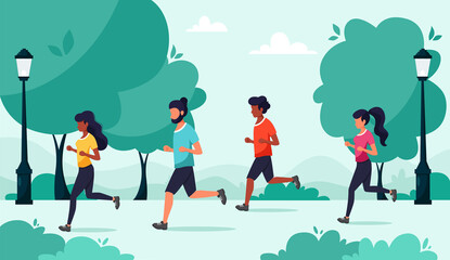 People running in the park. Сoncept of a healthy lifestyle, sport, exercises. Vector illustration in flat style.
