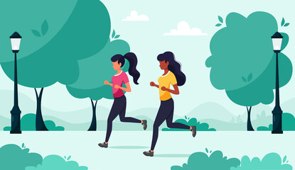 Women running in the park. Сoncept of a healthy lifestyle, sport, exercises. Vector illustration in flat style.