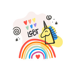 Gay Pride LGBT rainbow concept. Doodle style vector colorful illustration on a white background. Hand draw cartoon Scandinavian nordic design for fashion or interior or cover or textile or background.