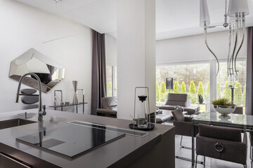 Open space living room and kitchen in glamour family house