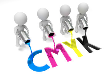 CMYK concept, cartoon characters - cyan, magenta, yellow, black - 3D illustration