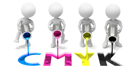 CMYK concept, cartoon characters - cyan, magenta, yellow, black - 3D illustration