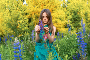  girl with long hair in a clearing with blue lupine flowers