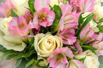  white roses and pink Alstroemeria, many flowers