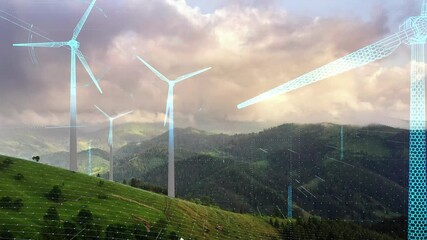 Futuristic Technology Concept. Aerial View of Wind Turbines Energy Production. Digital Network Over Ecology Safe Alternative Energy Source. Renewable energy production for green ecological world - Powered by Adobe