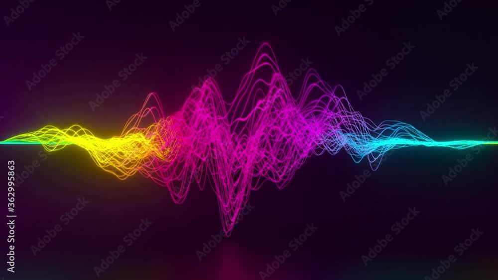 Poster Abstract seamless looped 3D animation of neon glowing bright wavy lines pulsing in space. Laser lines bouncing and flowing. Fluorescent ultraviolet light spectrum. Abstract neon background in 4K.