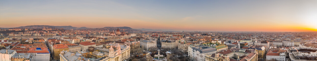 Aerial drone shot of Budapest downton from liberty square at dawn with view of Parliament