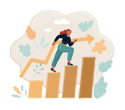 Vector Illustration Of Successful Businesswoman Walking Up A Staircase. Woman Step Level By Level.