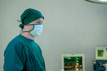 Surgeons in uniform ready to work on background in operating room before surgery.