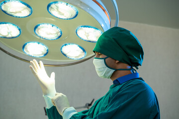 Surgeons in uniform ready to work on background in operating room before surgery.