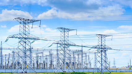 pylons of high voltage, Electric poles and lines at beautiful sky
