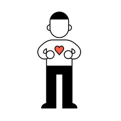 Young man with heart on his chest, minimal black and white outline icon. Flat vector illustration. Isolated on white background.