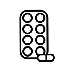 Blister pack with pills simple black and white outline icon. Flat vector illustration. Isolated on white background.