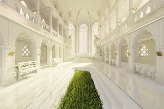 A majestic fantasy temple. A 3D rendered image from the interior of a white fantasy temple. 