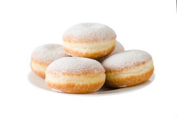 Traditional sweet donuts with powdered sugar and jam. Fat Thursday or Hanukkah celebration.