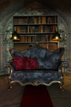 An interior from a castle with a classic sofa an old library with old books and old metallic floor lamps. The image is a 3D rendered image. 