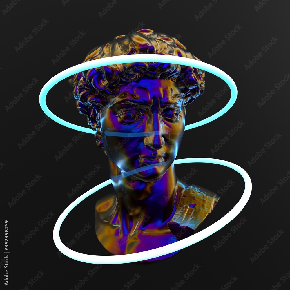 Poster 3d rendering of michelangelo's david head with glowing neon ring. scene with sculpture made of gloss