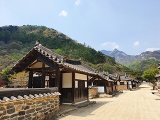 Beautiful shot of small Korean buildings near forested mountains