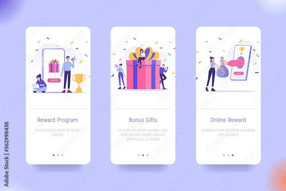 Poster application design set for reward program, bonus gifts and online reward. ui on boarding screens des