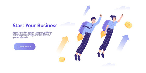 Starting New Business concept. Business woman flying up with a jet pack. Startup and boosting successful business. Landing page template. Homepage design. Modern vector illustration for web banner
