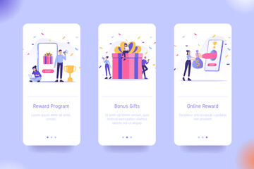 Application design set for Reward Program, Bonus Gifts and Online Reward. UI on boarding screens design. Mobile app template. Modern vector illustrations for user interface