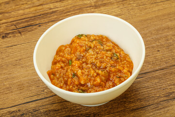 Traditional Georgian Kharcho soup with meat