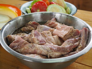 marinated in spices and sauce pieces of meat. pork kebab.